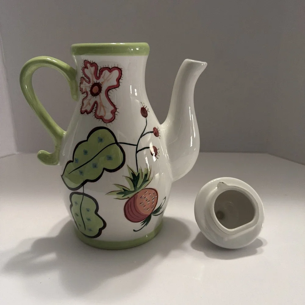Jay Companies Gypsy Floral Ceramic Teapot White Green Coral Hand Painted